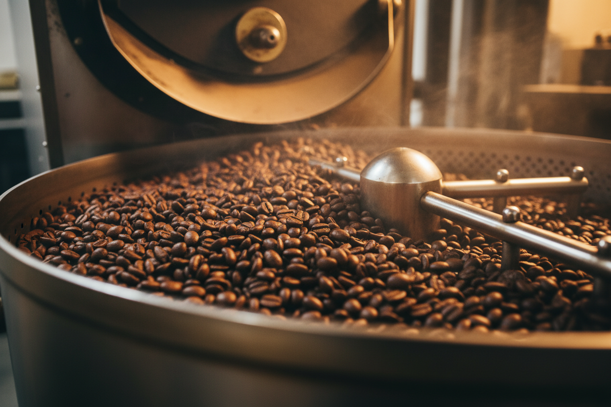 a close up shot of coffee beans in a roaster
